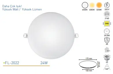 24W YENİ NESİL SIVA ALTI LED PANEL SPOT 6500K FORLIFE
