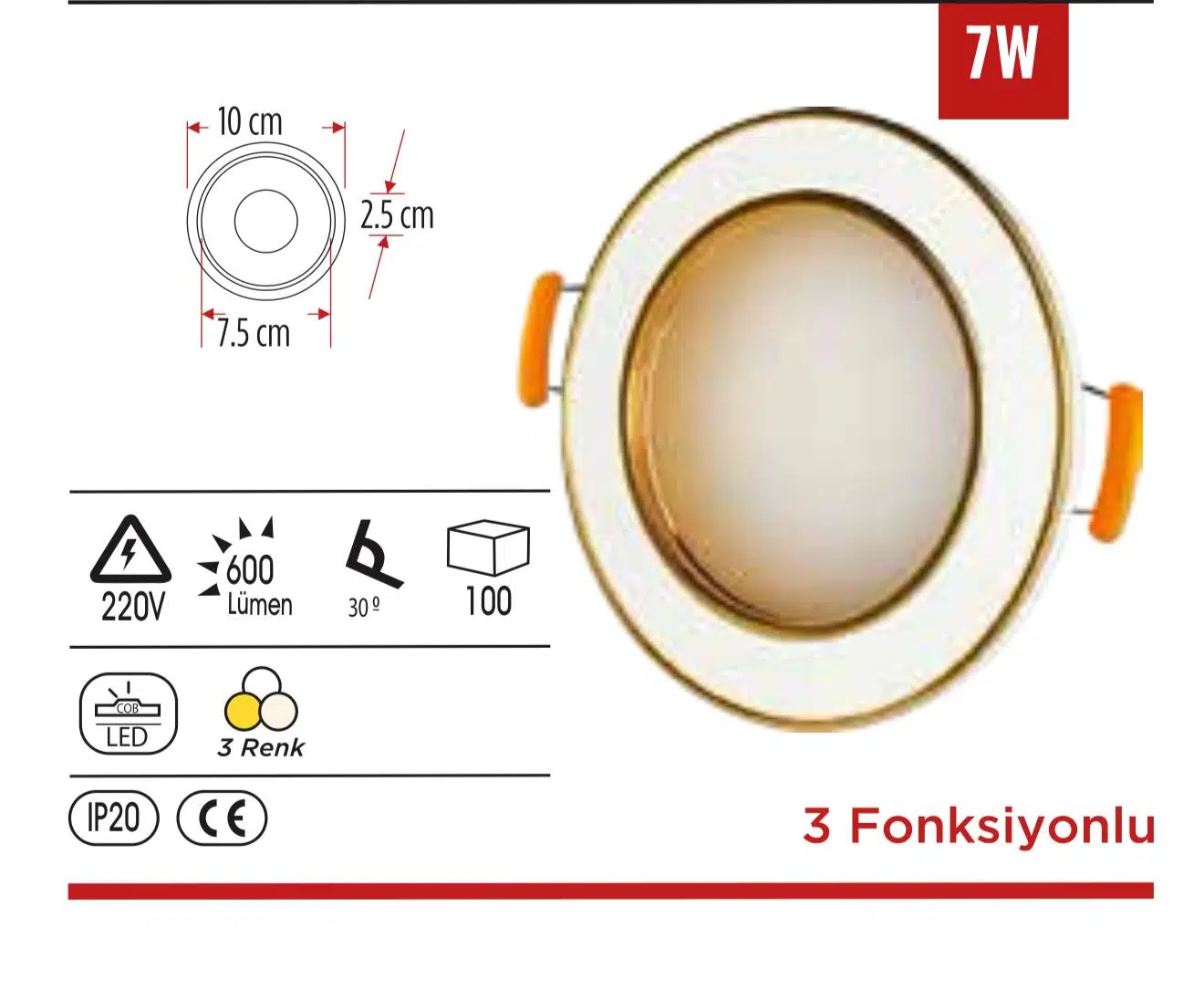 7W SMB LED SPOT BEYAZ KASA +GOLD  SIVA ALTI 3 RENK YCL