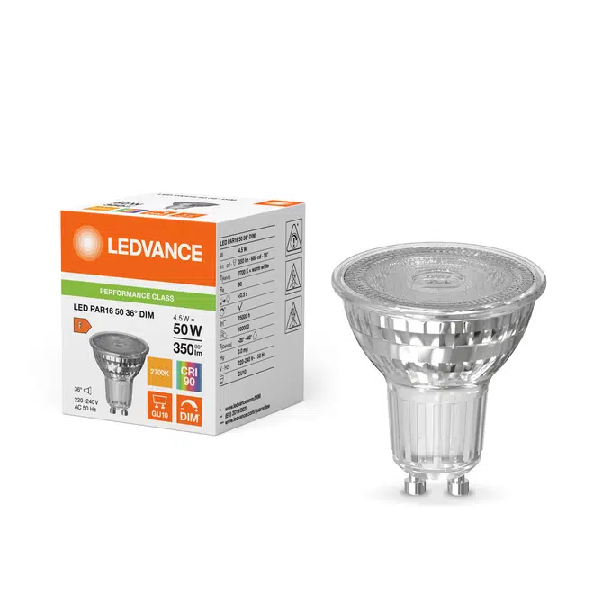 LED PAR16 COB SPOT AMPUL CAM / DİMMERLİ 4,5W=50WGU10 DUY 2700K 575lm / LEDVANCE